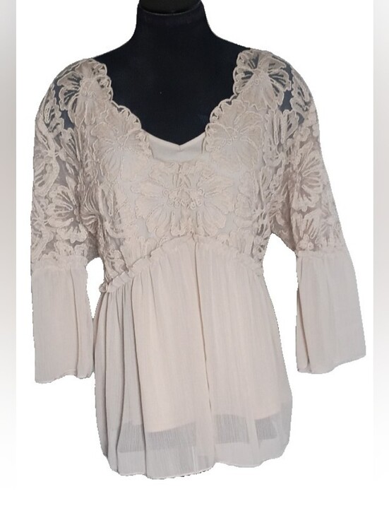 Cato Tops - Cato Cream Lace Yoke Pleated Peasant Blouse